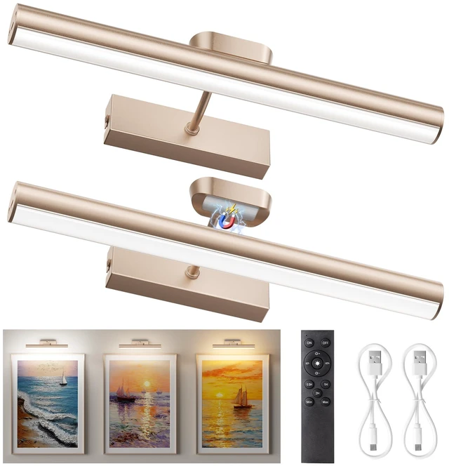 Main image of Picture Light for Wall, 4000mAh, 13.8 Inch, 2 Pack, Mocha Gold Cordless Rechargeable, LED Art Light with Remote, Dimmable 3 Color Temps, Battery Operated, for Living Room, Bedroom, Gallery