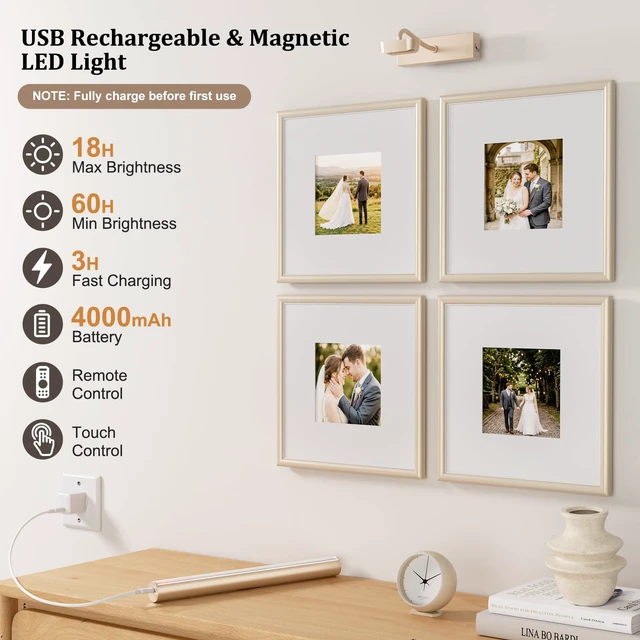 Alt view image 2 of 7 - Picture Light for Wall, 4000mAh, 13.8 Inch, 2 Pack, Mocha Gold Cordless Rechargeable, LED Art Light with Remote, Dimmable 3 Color Temps, Battery Operated, for Living Room, Bedroom, Gallery