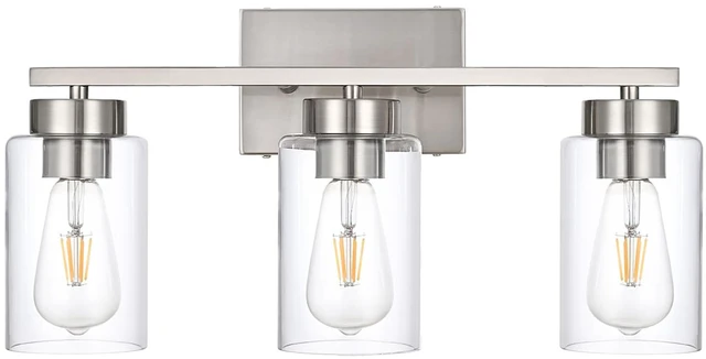 Main image of 3-Light Bathroom Vanity Light, Modern Brushed Nickel Wall Lights with Clear Glass Shades, Bathroom Wall Sconce Lamp for Mirror Living Room Bedroom Hallway
