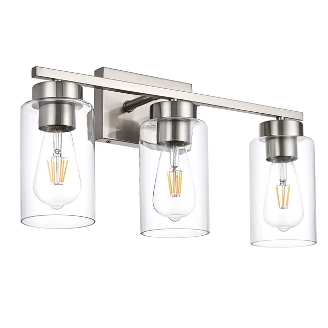 Alt view image 2 of 7 - 3-Light Bathroom Vanity Light, Modern Brushed Nickel Wall Lights with Clear Glass Shades, Bathroom Wall Sconce Lamp for Mirror Living Room Bedroom Hallway