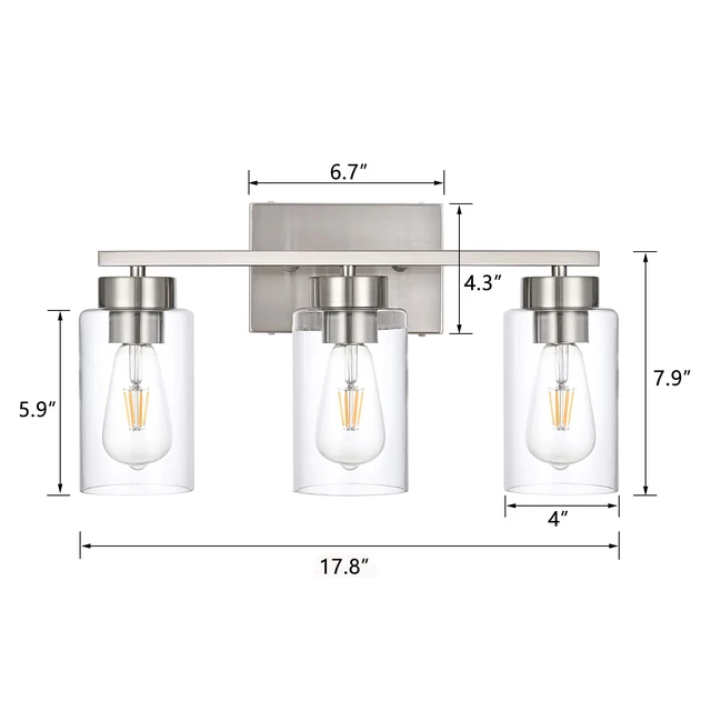 Alt view image 3 of 7 - 3-Light Bathroom Vanity Light, Modern Brushed Nickel Wall Lights with Clear Glass Shades, Bathroom Wall Sconce Lamp for Mirror Living Room Bedroom Hallway