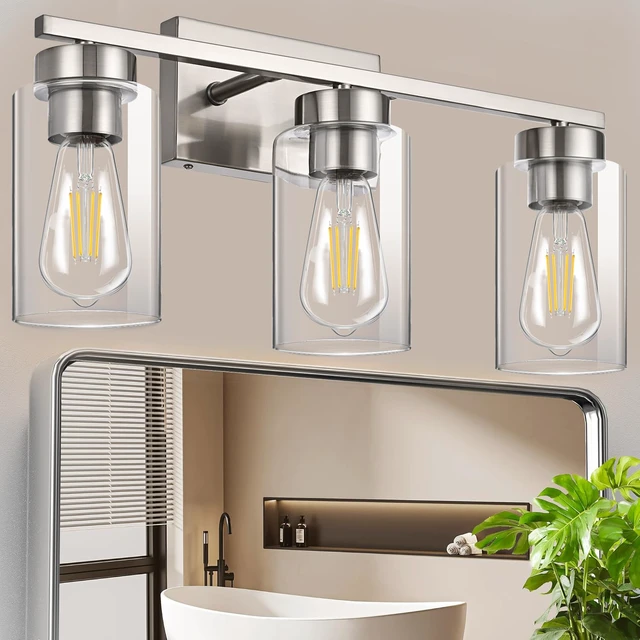 Alt view image 4 of 7 - 3-Light Bathroom Vanity Light, Modern Brushed Nickel Wall Lights with Clear Glass Shades, Bathroom Wall Sconce Lamp for Mirror Living Room Bedroom Hallway