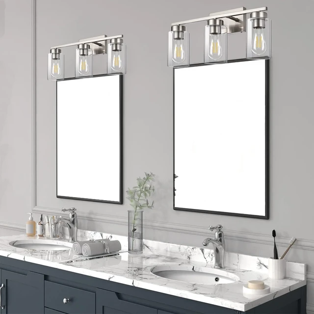 Alt view image 7 of 7 - 3-Light Bathroom Vanity Light, Modern Brushed Nickel Wall Lights with Clear Glass Shades, Bathroom Wall Sconce Lamp for Mirror Living Room Bedroom Hallway