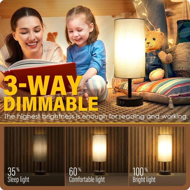 Alt view image 2 of 7 - Bedside Lamp with USB Port - Touch Control Table Lamp for Bedroom 3 Way Dimmable Nightstand Lamp with Round Grey Fabric Shade for Living Room, Dorm, Home Office (LED Bulb Included)