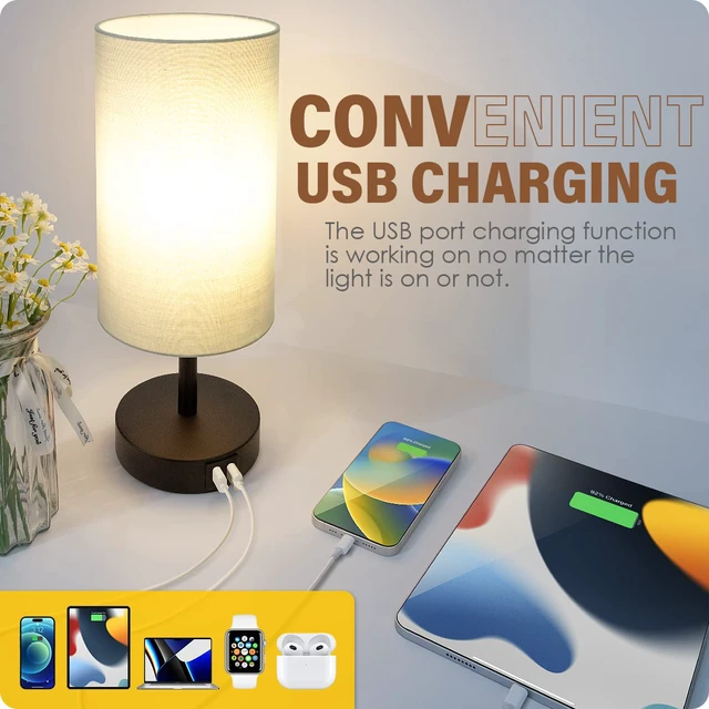 Alt view image 3 of 7 - Bedside Lamp with USB Port - Touch Control Table Lamp for Bedroom 3 Way Dimmable Nightstand Lamp with Round Grey Fabric Shade for Living Room, Dorm, Home Office (LED Bulb Included)