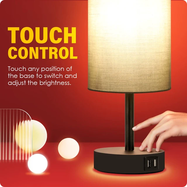 Alt view image 5 of 7 - Bedside Lamp with USB Port - Touch Control Table Lamp for Bedroom 3 Way Dimmable Nightstand Lamp with Round Grey Fabric Shade for Living Room, Dorm, Home Office (LED Bulb Included)