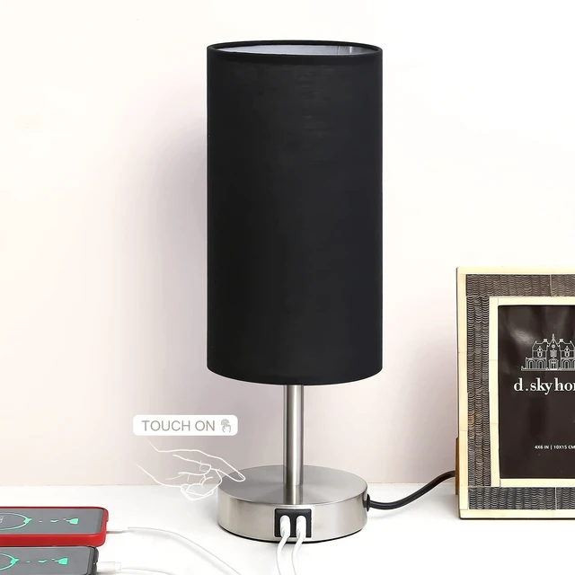 Main image of Bedside Lamp with USB Port - Touch Control Table Lamp for Bedroom Wood 3 Way Dimmable Nightstand Lamp with Round Black Shade for Living Room, Dorm, Home Office (LED Bulb Included) (Blacl2)