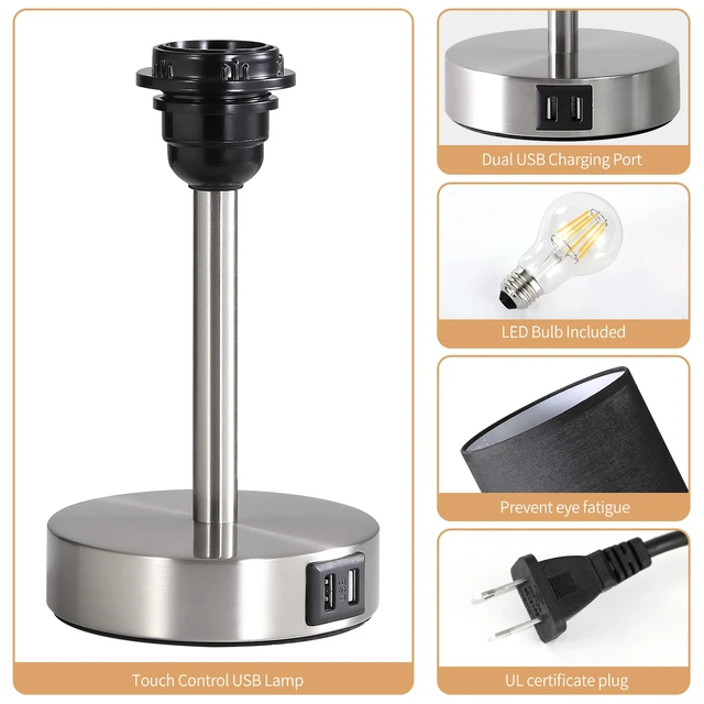 Alt view image 5 of 6 - Bedside Lamp with USB Port - Touch Control Table Lamp for Bedroom Wood 3 Way Dimmable Nightstand Lamp with Round Black Shade for Living Room, Dorm, Home Office (LED Bulb Included) (Blacl2)
