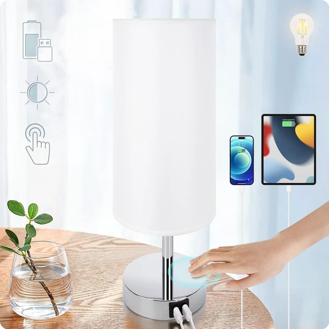 Main image of Bedside Lamp with USB Port - Touch Control Table Lamp for Bedroom 3 Way Dimmable Nightstand Lamp with Round White Fabric Shade for Living Room, Dorm, Home Office (LED Bulb Included)