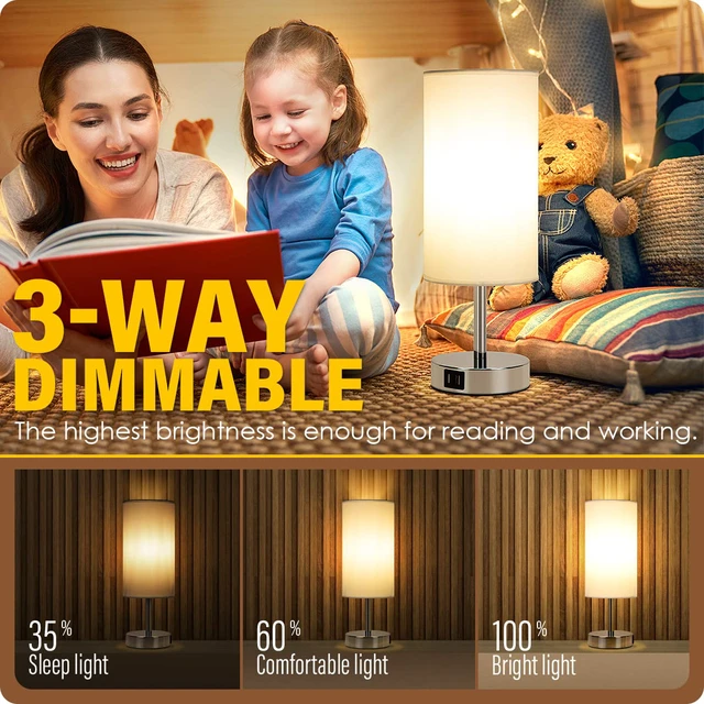 Alt view image 2 of 7 - Bedside Lamp with USB Port - Touch Control Table Lamp for Bedroom 3 Way Dimmable Nightstand Lamp with Round White Fabric Shade for Living Room, Dorm, Home Office (LED Bulb Included)