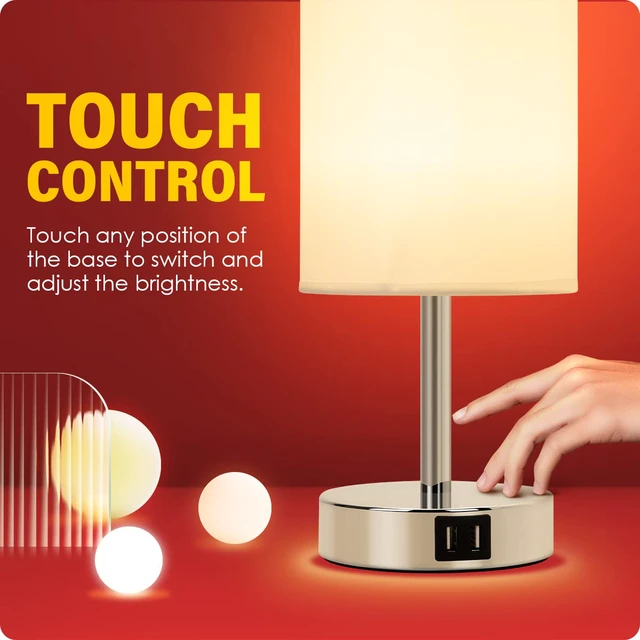 Alt view image 5 of 7 - Bedside Lamp with USB Port - Touch Control Table Lamp for Bedroom 3 Way Dimmable Nightstand Lamp with Round White Fabric Shade for Living Room, Dorm, Home Office (LED Bulb Included)