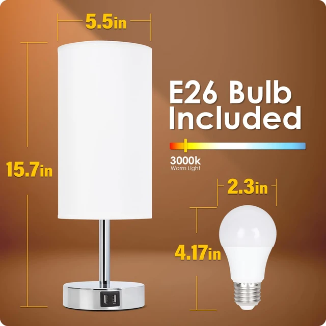 Alt view image 6 of 7 - Bedside Lamp with USB Port - Touch Control Table Lamp for Bedroom 3 Way Dimmable Nightstand Lamp with Round White Fabric Shade for Living Room, Dorm, Home Office (LED Bulb Included)