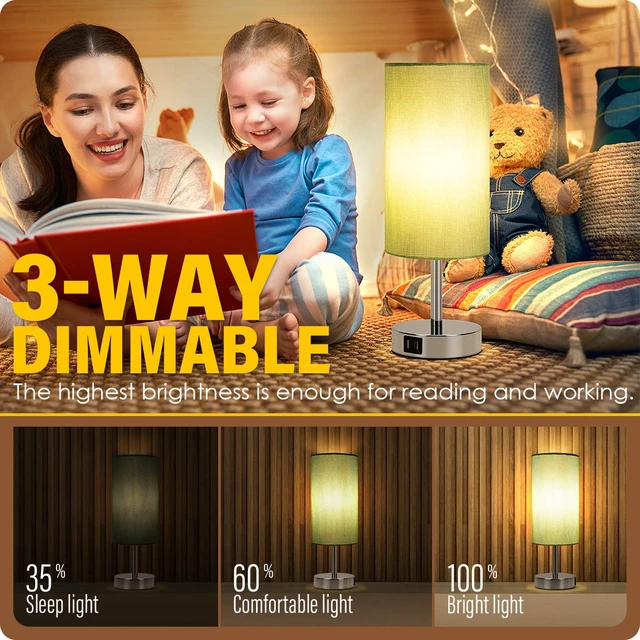 Alt view image 3 of 7 - Bedside Lamp with USB Port - Touch Control Table Lamp for Bedroom 3 Way Dimmable Nightstand Lamp with Round Denim Fabric Shade for Living Room, Dorm, Home Office (LED Bulb Included)