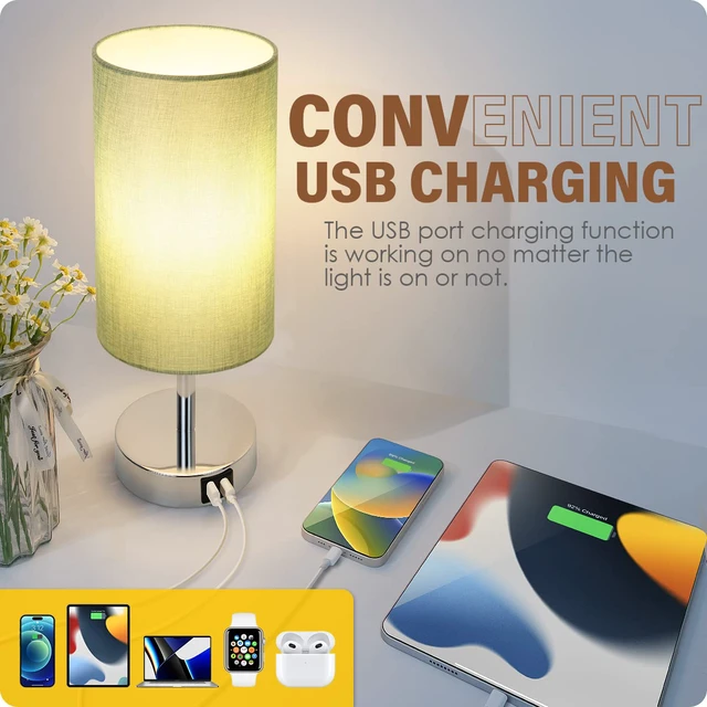 Alt view image 4 of 7 - Bedside Lamp with USB Port - Touch Control Table Lamp for Bedroom 3 Way Dimmable Nightstand Lamp with Round Denim Fabric Shade for Living Room, Dorm, Home Office (LED Bulb Included)