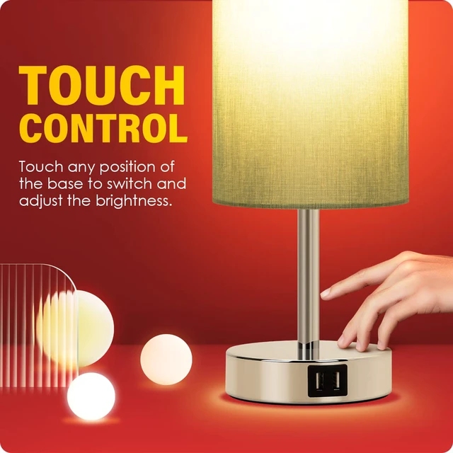Alt view image 5 of 7 - Bedside Lamp with USB Port - Touch Control Table Lamp for Bedroom 3 Way Dimmable Nightstand Lamp with Round Denim Fabric Shade for Living Room, Dorm, Home Office (LED Bulb Included)