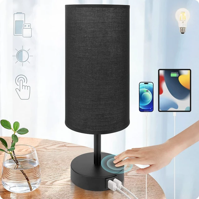 Main image of Bedside Lamp with USB Port - Touch Control Table Lamp for Bedroom 3 Way Dimmable Nightstand Lamp with Round Black Fabric Shade for Living Room, Dorm, Home Office (LED Bulb Included)