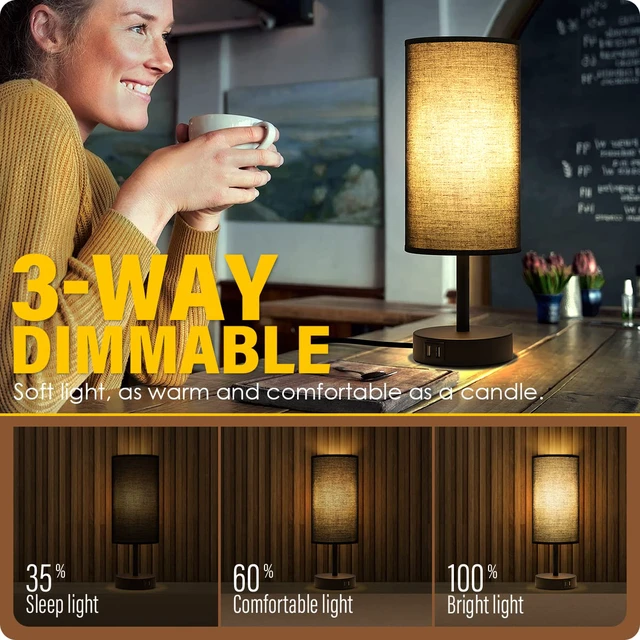 Alt view image 2 of 7 - Bedside Lamp with USB Port - Touch Control Table Lamp for Bedroom 3 Way Dimmable Nightstand Lamp with Round Black Fabric Shade for Living Room, Dorm, Home Office (LED Bulb Included)