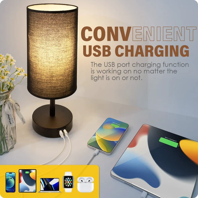 Alt view image 3 of 7 - Bedside Lamp with USB Port - Touch Control Table Lamp for Bedroom 3 Way Dimmable Nightstand Lamp with Round Black Fabric Shade for Living Room, Dorm, Home Office (LED Bulb Included)