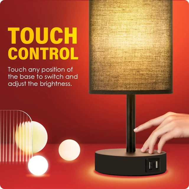 Alt view image 5 of 7 - Bedside Lamp with USB Port - Touch Control Table Lamp for Bedroom 3 Way Dimmable Nightstand Lamp with Round Black Fabric Shade for Living Room, Dorm, Home Office (LED Bulb Included)