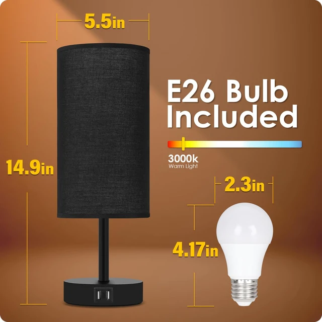 Alt view image 6 of 7 - Bedside Lamp with USB Port - Touch Control Table Lamp for Bedroom 3 Way Dimmable Nightstand Lamp with Round Black Fabric Shade for Living Room, Dorm, Home Office (LED Bulb Included)