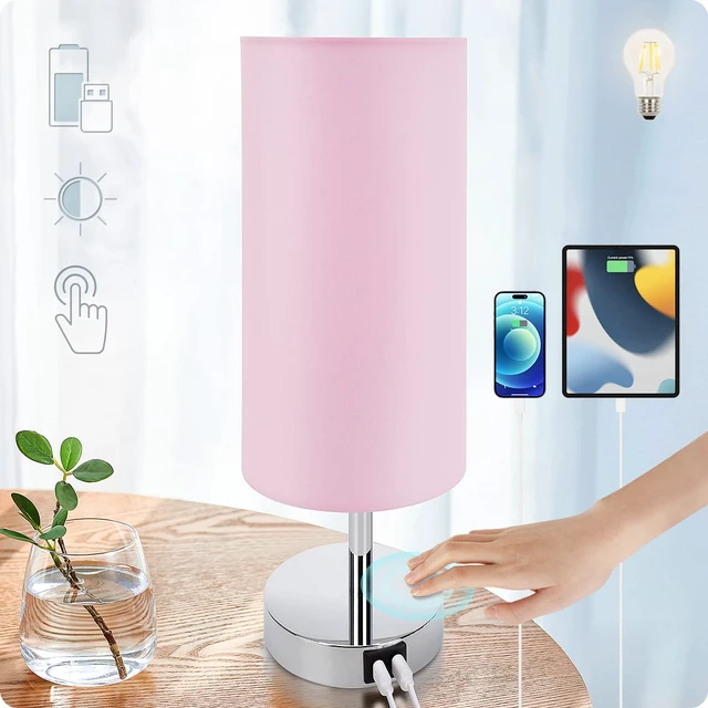 Main image of Bedside Lamp with USB Port - Touch Control Table Lamp for Bedroom 3 Way Dimmable Nightstand Lamp with Round Pink Fabric Shade for Living Room, Dorm, Home Office (LED Bulb Included)