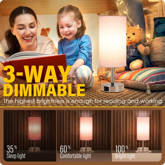 Alt view image 2 of 7 - Bedside Lamp with USB Port - Touch Control Table Lamp for Bedroom 3 Way Dimmable Nightstand Lamp with Round Pink Fabric Shade for Living Room, Dorm, Home Office (LED Bulb Included)