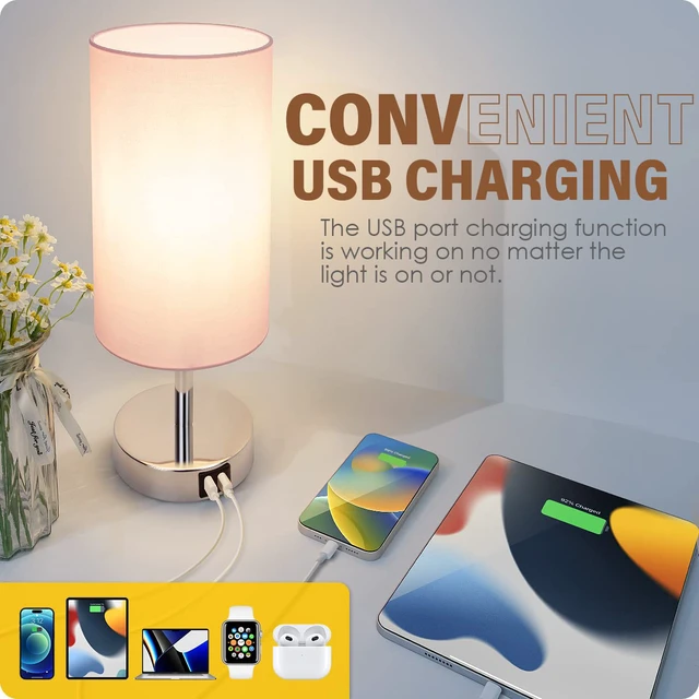 Alt view image 3 of 7 - Bedside Lamp with USB Port - Touch Control Table Lamp for Bedroom 3 Way Dimmable Nightstand Lamp with Round Pink Fabric Shade for Living Room, Dorm, Home Office (LED Bulb Included)