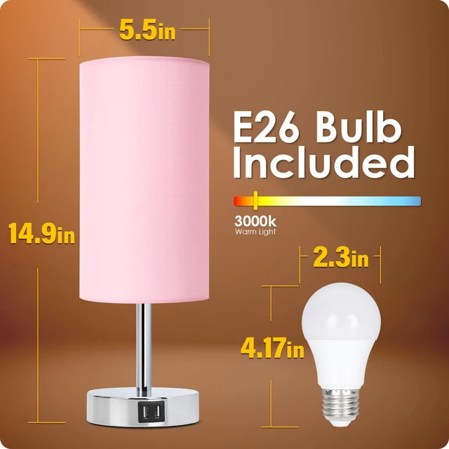 Alt view image 6 of 7 - Bedside Lamp with USB Port - Touch Control Table Lamp for Bedroom 3 Way Dimmable Nightstand Lamp with Round Pink Fabric Shade for Living Room, Dorm, Home Office (LED Bulb Included)