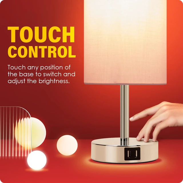 Alt view image 5 of 7 - Bedside Lamp with USB Port - Touch Control Table Lamp for Bedroom 3 Way Dimmable Nightstand Lamp with Round Pink Fabric Shade for Living Room, Dorm, Home Office (LED Bulb Included)