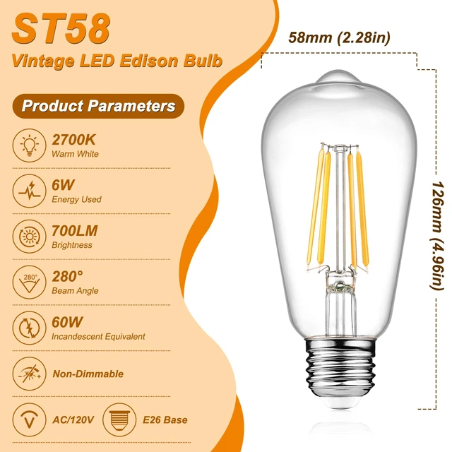 Alt view image 2 of 7 - 12-Pack Vintage LED Edison Light Bulb 60W Equivalent, Decorative Antique Filament Light Bulbs with 80+ CRI, Warm White 2700K, 700 Lumens, E26 Base, Non-Dimmable