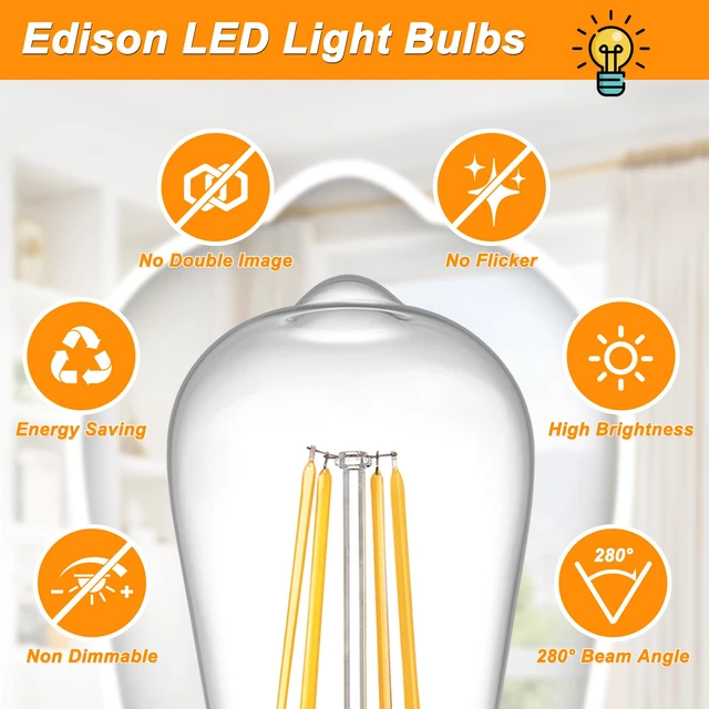 Alt view image 6 of 7 - 12-Pack Vintage LED Edison Light Bulb 60W Equivalent, Decorative Antique Filament Light Bulbs with 80+ CRI, Warm White 2700K, 700 Lumens, E26 Base, Non-Dimmable