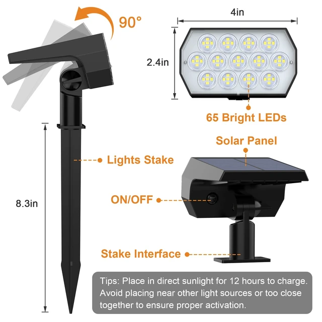 Alt view image 6 of 6 - Solar Lights Outdoor, IP68 Waterproof, 65 LED, Cool White, 2 Pack 3 Lighting Modes, Long Lasting, Dimmable, Solar Powered Spot Lights Outdoor for Outside Yard Garden Pathway Landscape Walkway