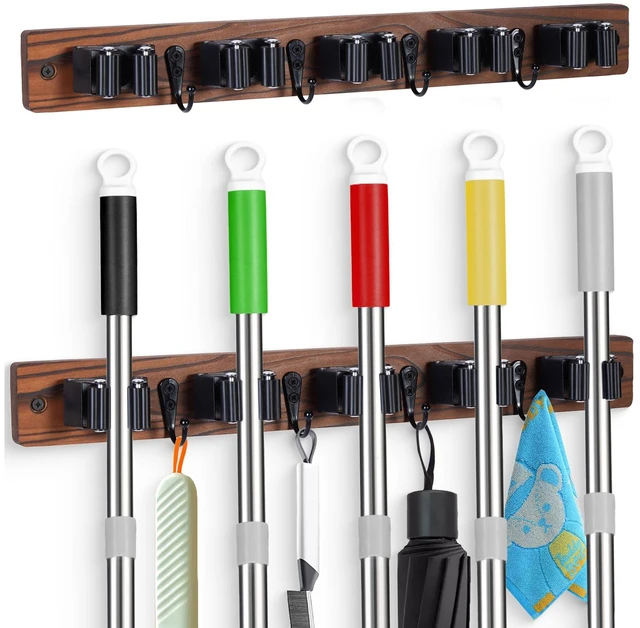 Main image of 2 PACK Broom Holder Wall Mount With 5 Slots & 4 HooksRustic Wood Broom & Mop HangerWall Mounted Garden & Garage Tool Storage Organizer Rack for Closet Laundry Room or Kitchen Wall Decor