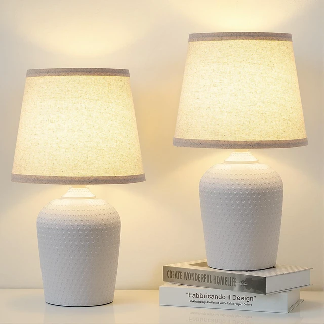 Main image of 16 Small Table Lamps Set of 2 for Bedroom, Nightstand Lamp Beige & White Cute & Unique, Fabric Shade, Perfect for Desk Living Room Side Table Reading Nursery