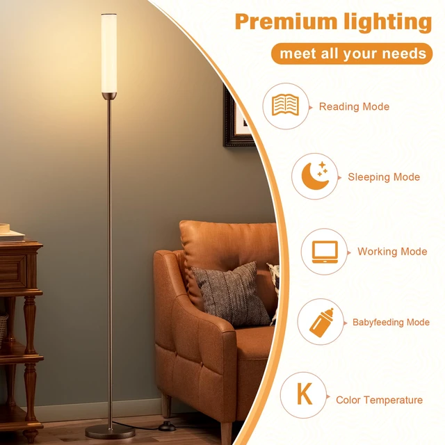 Alt view image 3 of 7 - LED Floor Lamp with Remote Control, Foot Switch, Brown Stepless Adjustable 3000K-6500K Colors,30-100% Brightness,Memory functions,14.5W light power,Standing lamp,Bedrooms,Office