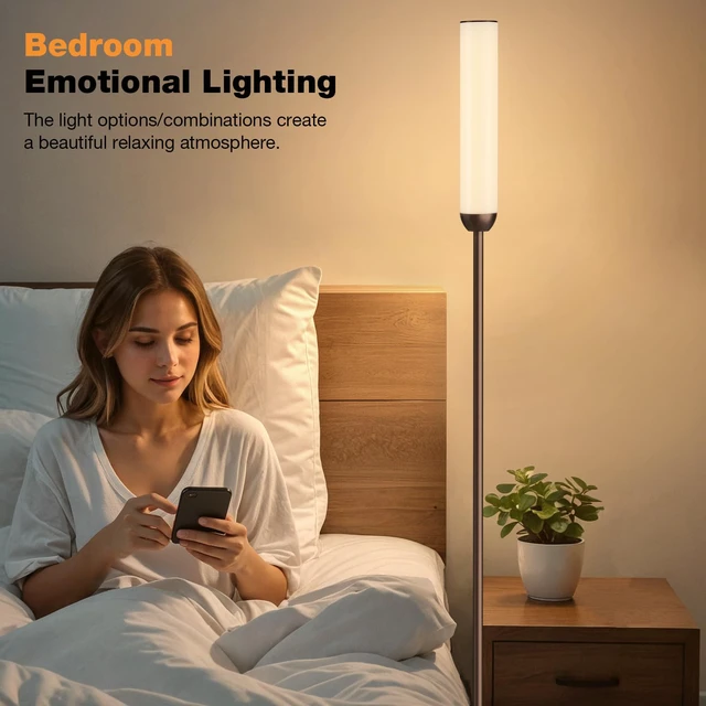 Alt view image 2 of 7 - LED Floor Lamp with Remote Control, Foot Switch, Brown Stepless Adjustable 3000K-6500K Colors,30-100% Brightness,Memory functions,14.5W light power,Standing lamp,Bedrooms,Office