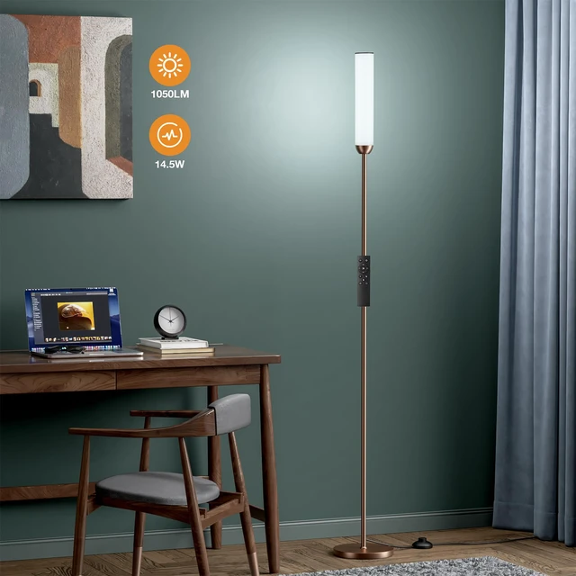 Alt view image 7 of 7 - LED Floor Lamp with Remote Control, Foot Switch, Brown Stepless Adjustable 3000K-6500K Colors,30-100% Brightness,Memory functions,14.5W light power,Standing lamp,Bedrooms,Office