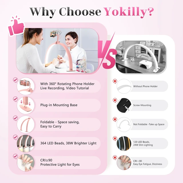 Alt view image 2 of 7 - Half Moon Light for Nail Desk: 29" Foldable Nail Light for Desk Arch Nail Tech Light with Phone Holder for Beginner - 3 Color Modes & 10 Brightness for Manicure Salon-Pink