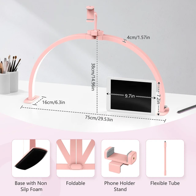 Alt view image 4 of 7 - Half Moon Light for Nail Desk: 29" Foldable Nail Light for Desk Arch Nail Tech Light with Phone Holder for Beginner - 3 Color Modes & 10 Brightness for Manicure Salon-Pink