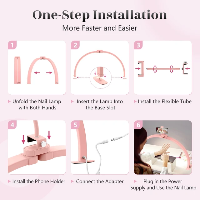 Alt view image 5 of 7 - Half Moon Light for Nail Desk: 29" Foldable Nail Light for Desk Arch Nail Tech Light with Phone Holder for Beginner - 3 Color Modes & 10 Brightness for Manicure Salon-Pink