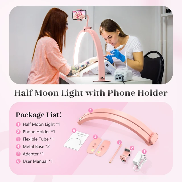 Alt view image 7 of 7 - Half Moon Light for Nail Desk: 29" Foldable Nail Light for Desk Arch Nail Tech Light with Phone Holder for Beginner - 3 Color Modes & 10 Brightness for Manicure Salon-Pink