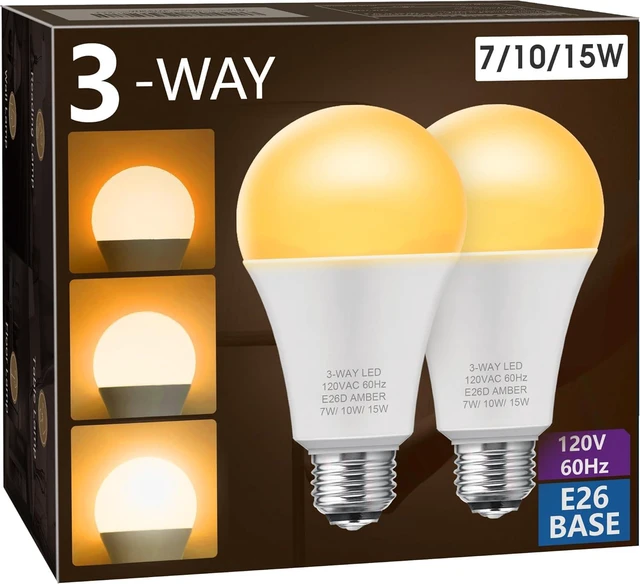 Main image of Amber Light Bulb 3 Way LED Light Bulbs 50 100 150W Equivalent A19 2 Pack, 1800K Amber Warm Bulbs, Perfect for Reading, Three Way A19 E26 Medium Base