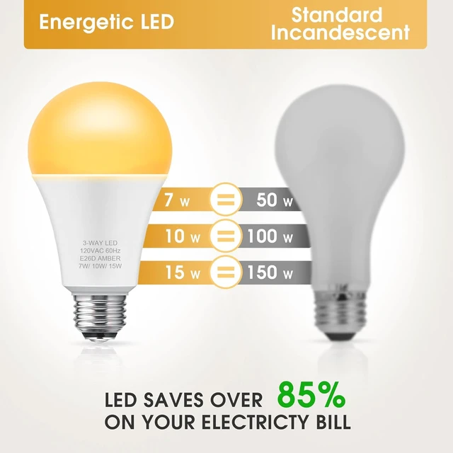 Alt view image 2 of 6 - Amber Light Bulb 3 Way LED Light Bulbs 50 100 150W Equivalent A19 2 Pack, 1800K Amber Warm Bulbs, Perfect for Reading, Three Way A19 E26 Medium Base
