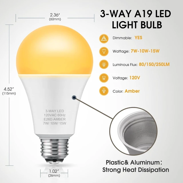 Alt view image 5 of 6 - Amber Light Bulb 3 Way LED Light Bulbs 50 100 150W Equivalent A19 2 Pack, 1800K Amber Warm Bulbs, Perfect for Reading, Three Way A19 E26 Medium Base