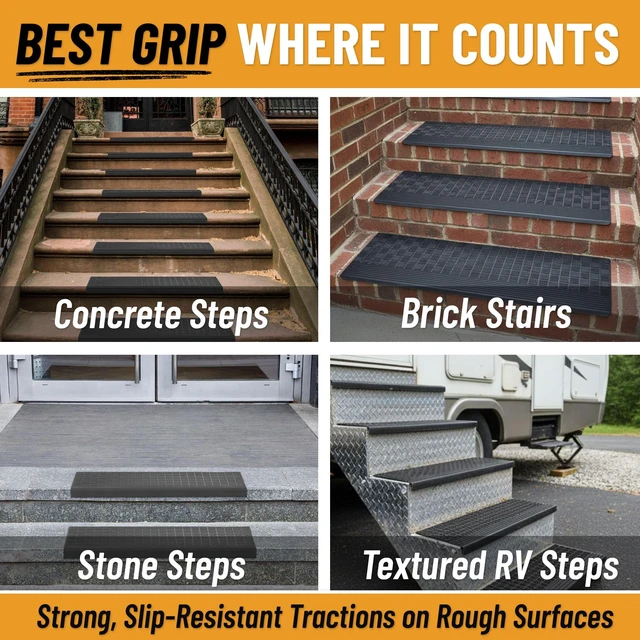 Alt view image 5 of 7 - Bullnose Stair Treads Outdoor Grid Heavy-Duty Non-Slip Stair Mats Best Grip on Concrete, Brick & Textured Step Fastening Required for Wooden & RV Steps, Pack of 5