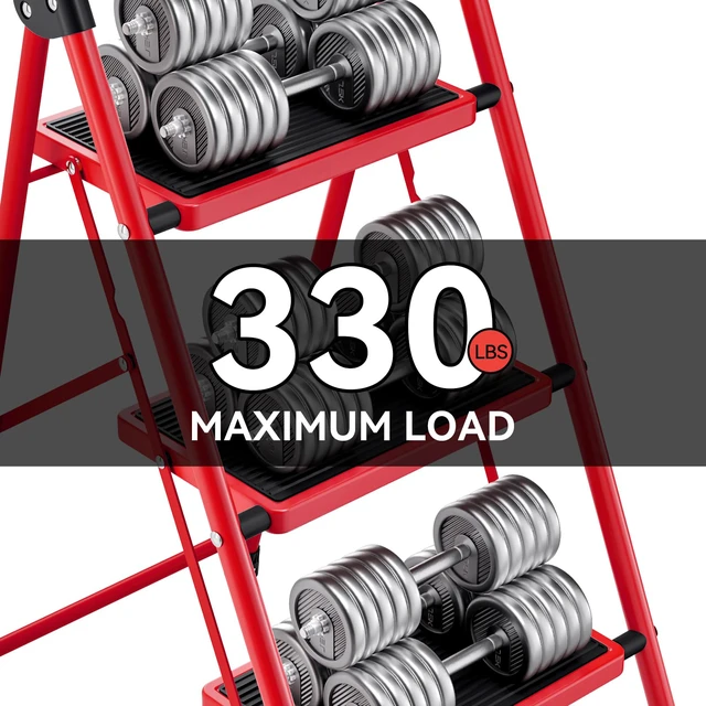Alt view image 3 of 7 - Step Ladder, Folding Ladder with Non-Slip and Wide Pedal, Small Ladder with Handle, Heavy Duty Steel Stool, Lightweight Step Ladder (Red, 3 Step Stool)