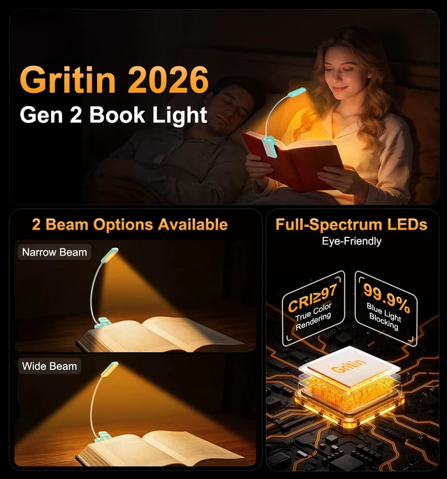 Alt view image 2 of 7 - 2026 Gen 2 Book Light for Reading- 30 Eye Caring Full Spectrum LED 5 Colors & 5 Brightness, Adjustable Wide/Narrow Beam, Upgrade 1500mAh Long-Lasting Rechargeable Clip on Light-Blue
