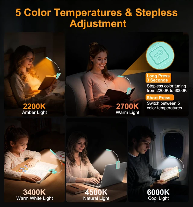 Alt view image 5 of 7 - 2026 Gen 2 Book Light for Reading- 30 Eye Caring Full Spectrum LED 5 Colors & 5 Brightness, Adjustable Wide/Narrow Beam, Upgrade 1500mAh Long-Lasting Rechargeable Clip on Light-Blue