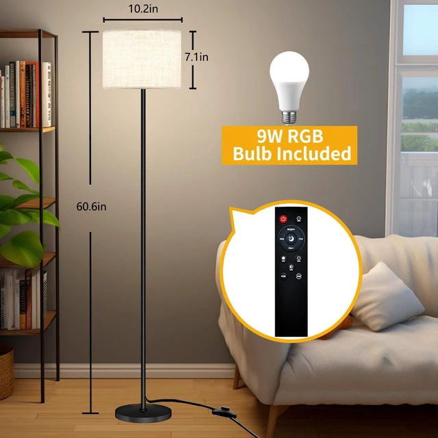 Alt view image 2 of 7 - Smart LED Floor Lamp with APP Control & RGB Colors - Dimmable Standing Lamp for Living Room, Bedroom, Gaming - Remote, Timer, 9W Bulb Included, 60.6" Modern Tall Lamp (Beige)