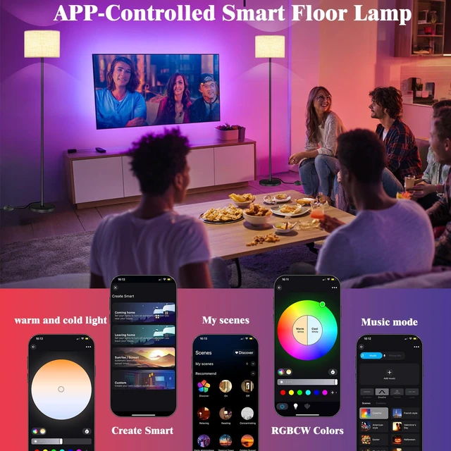 Alt view image 7 of 7 - Smart LED Floor Lamp with APP Control & RGB Colors - Dimmable Standing Lamp for Living Room, Bedroom, Gaming - Remote, Timer, 9W Bulb Included, 60.6" Modern Tall Lamp (Beige)